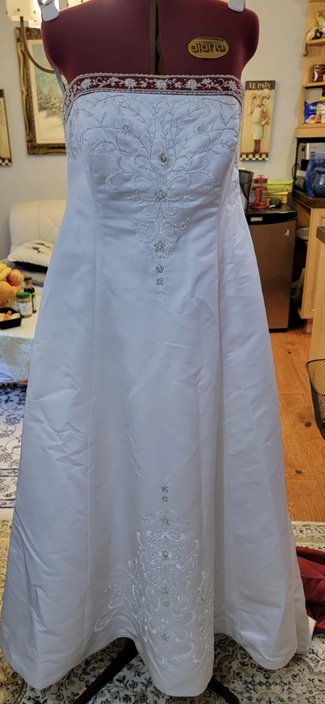 White Strapless Wedding Dress with Red Trim and Embroidery