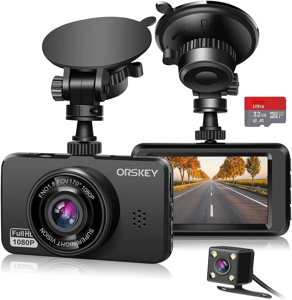 ORSKEY Dash Cam with 32GB MicroSD Card