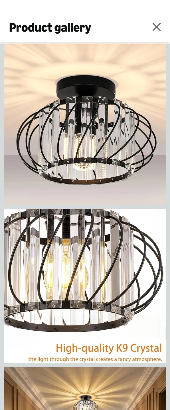 Crystal Ceiling Light Fixture - Black Metal and K9 Crystal