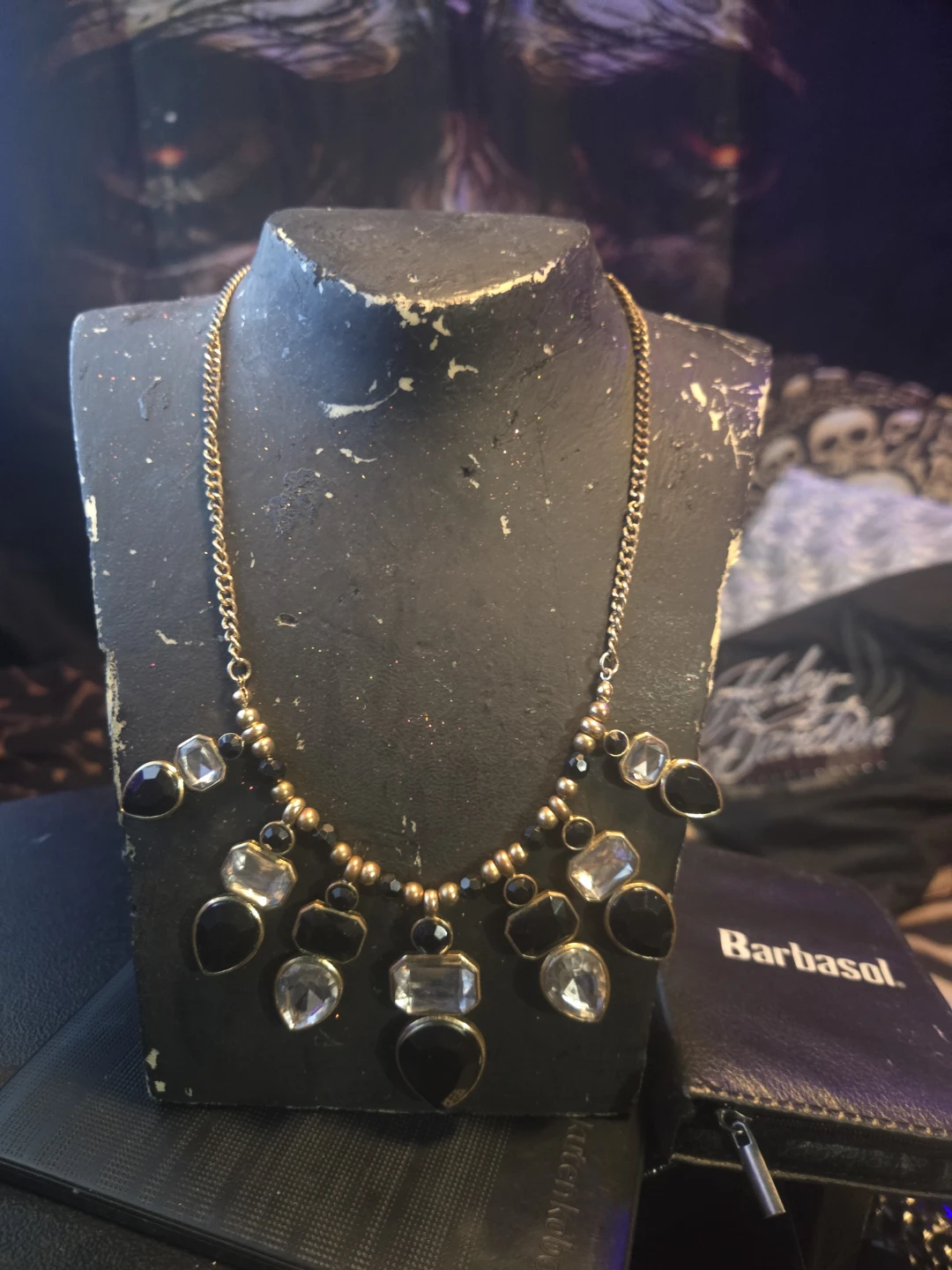 Gold-tone Statement Necklace with Black and Clear Gems