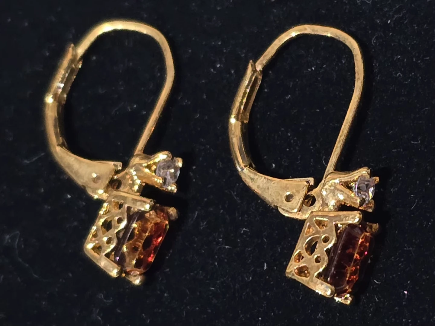Gold Tone Leverback Earrings with Amber and Clear Stones - photo 2