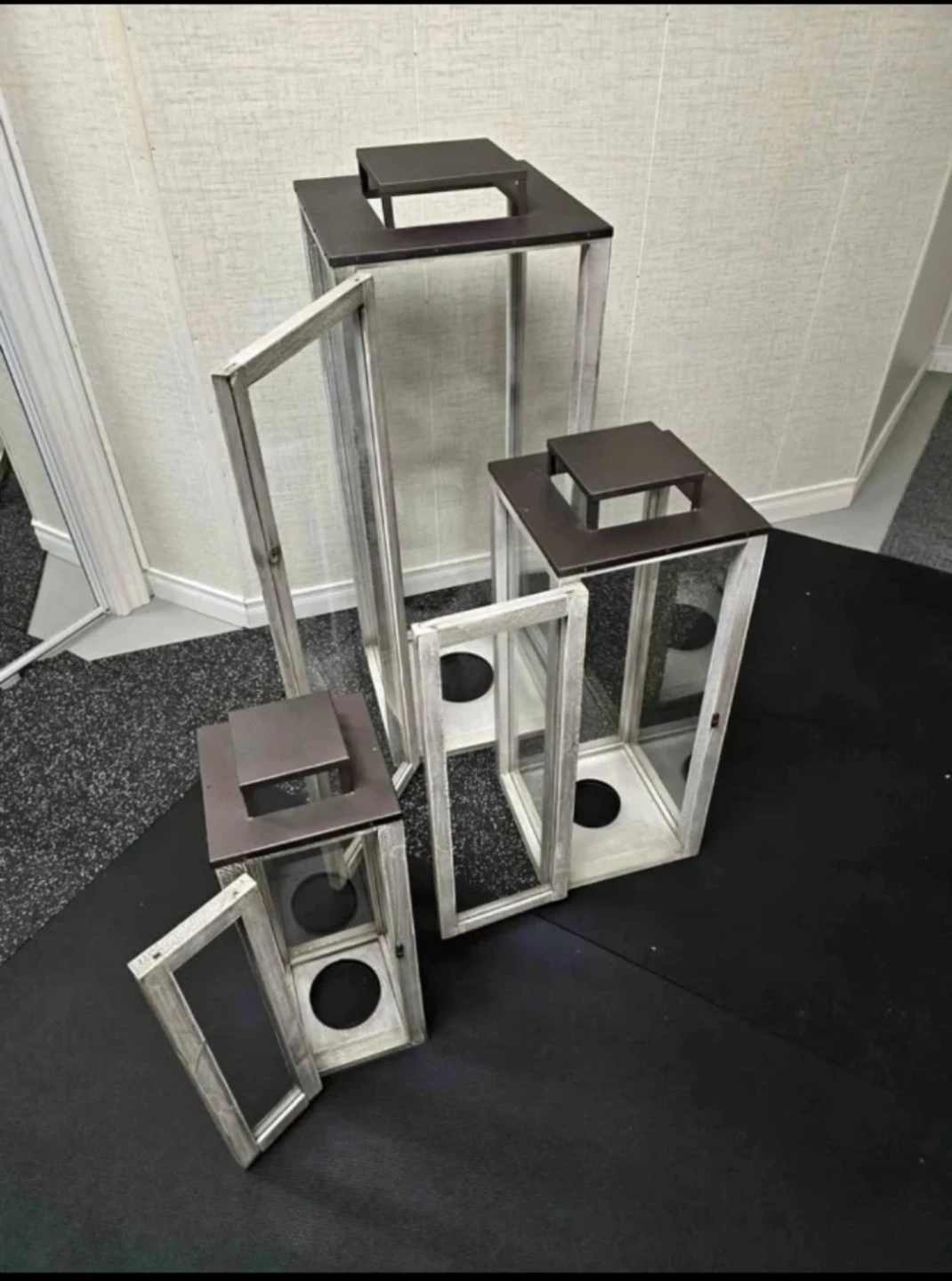 Set of 3 Rustic Wood & Metal Lanterns - 35" Tall