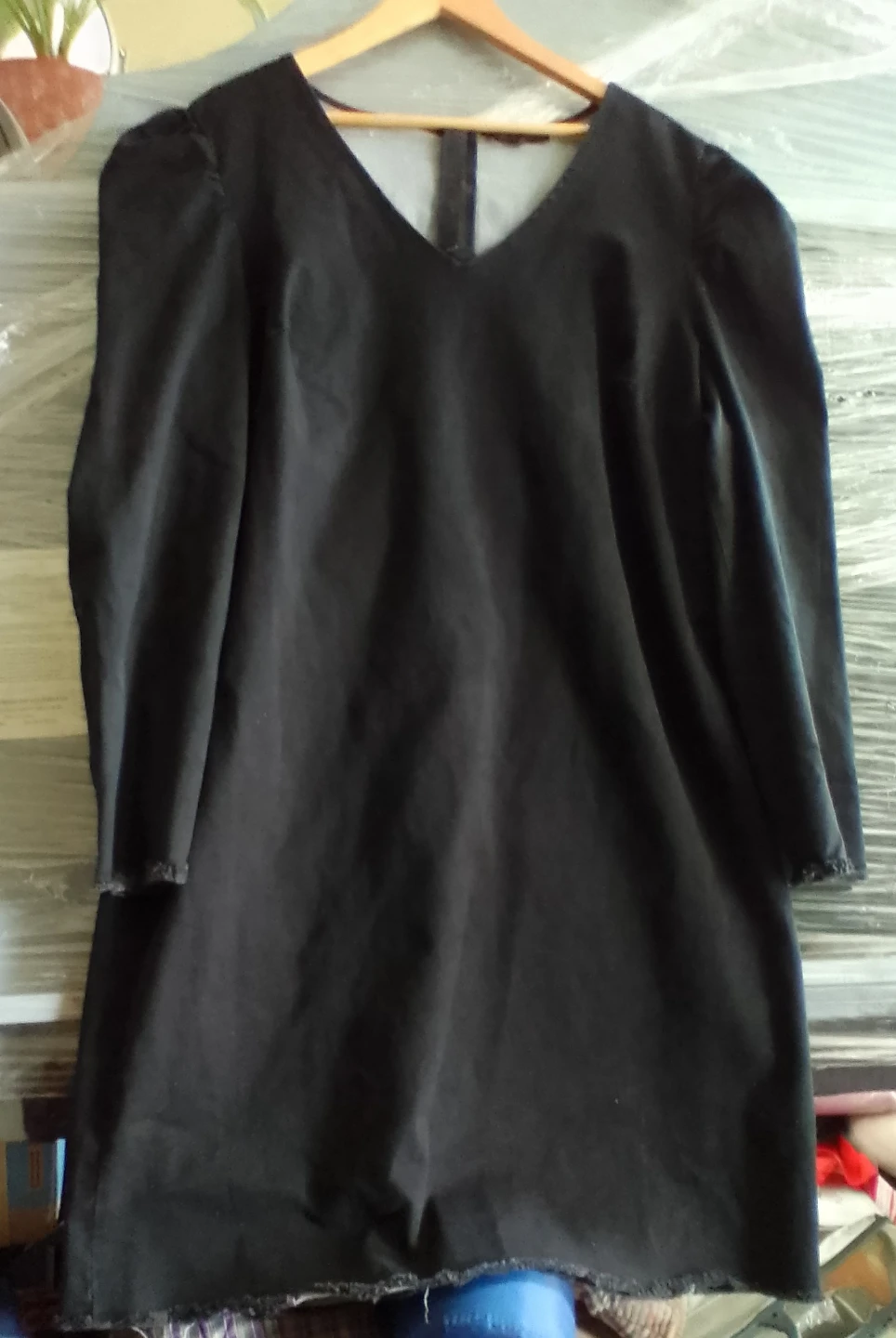 Eloquii Black Denim Puff Sleeve V-Neck Dress