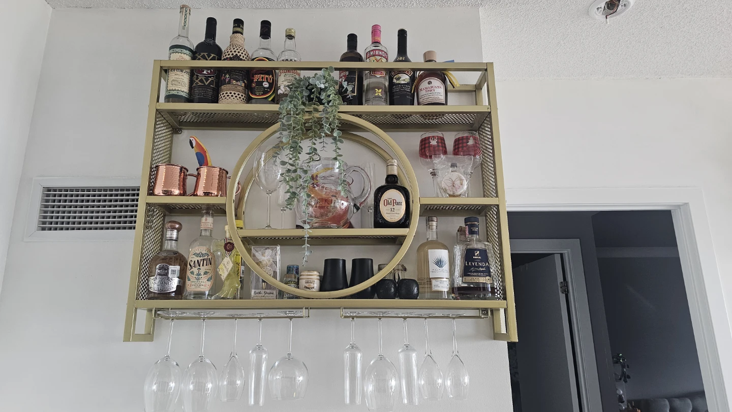 Gold Wall Mounted Bar Shelf with Wine Glass Rack