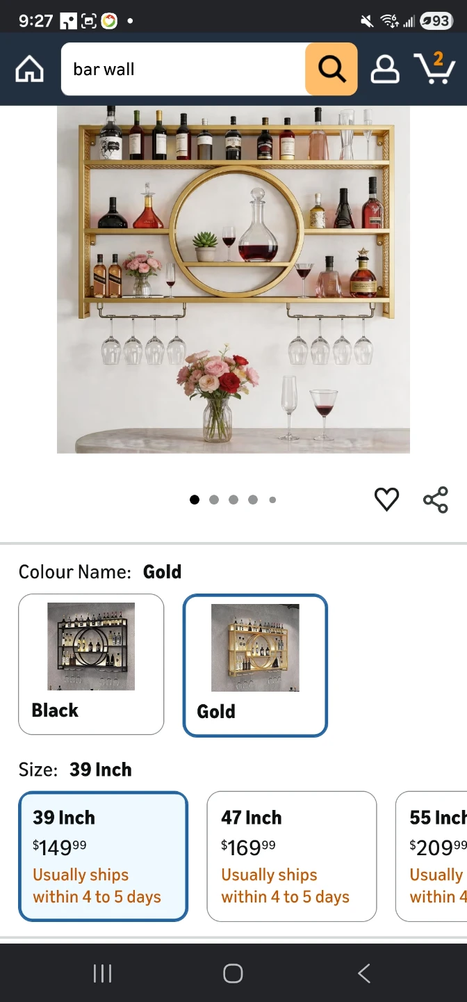 Gold Wall Mounted Bar Shelf with Wine Glass Rack - photo 2