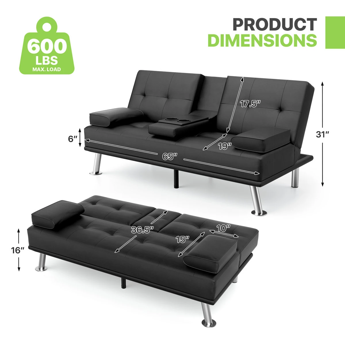 Black Futon Sofa Bed with Cup Holders - photo 3