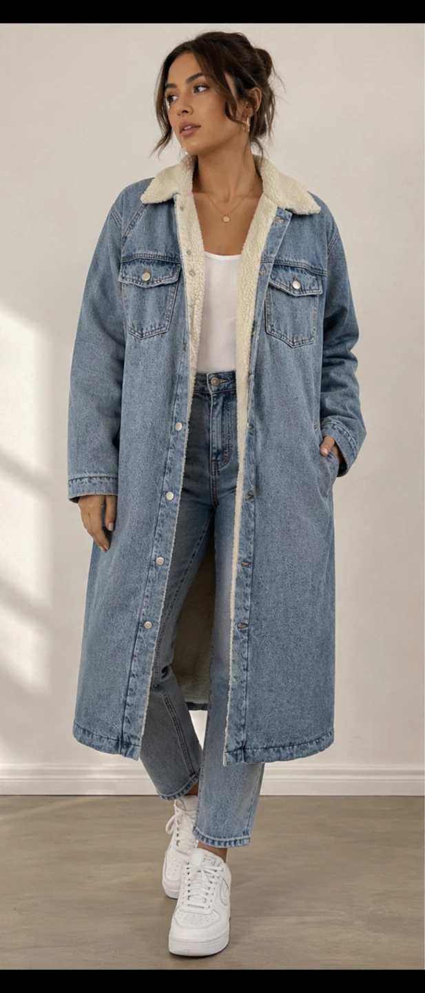 🔥 Cozy Long Denim Jacket with White Teddy Liningh