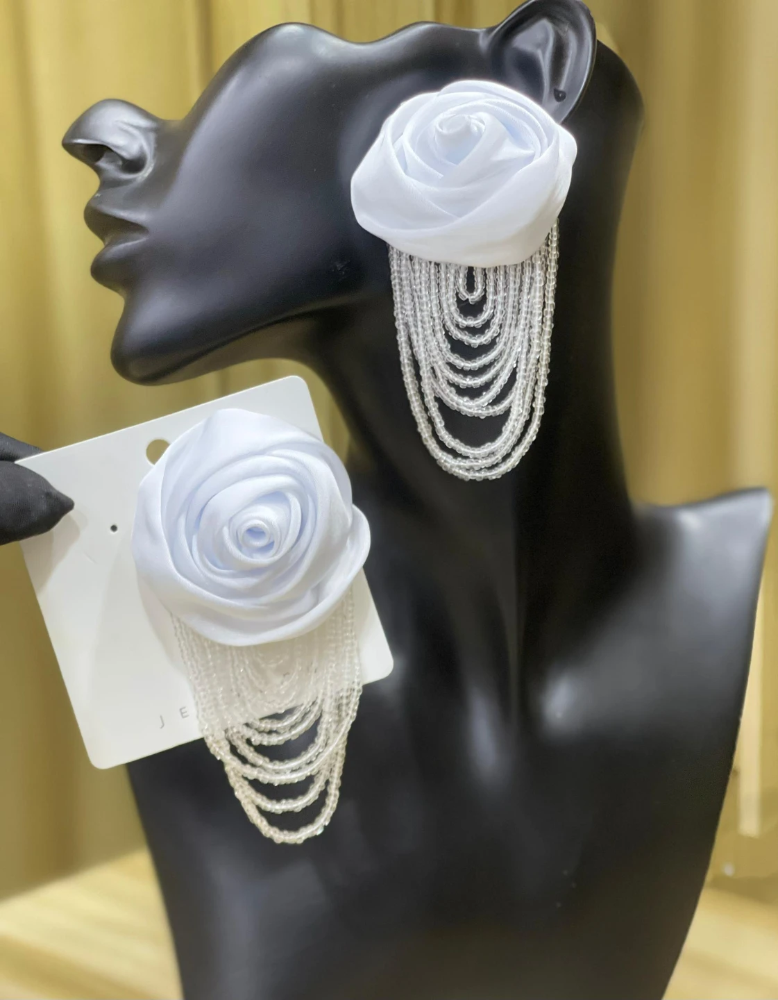 White Rose Dangle Earrings with Beaded Fringe