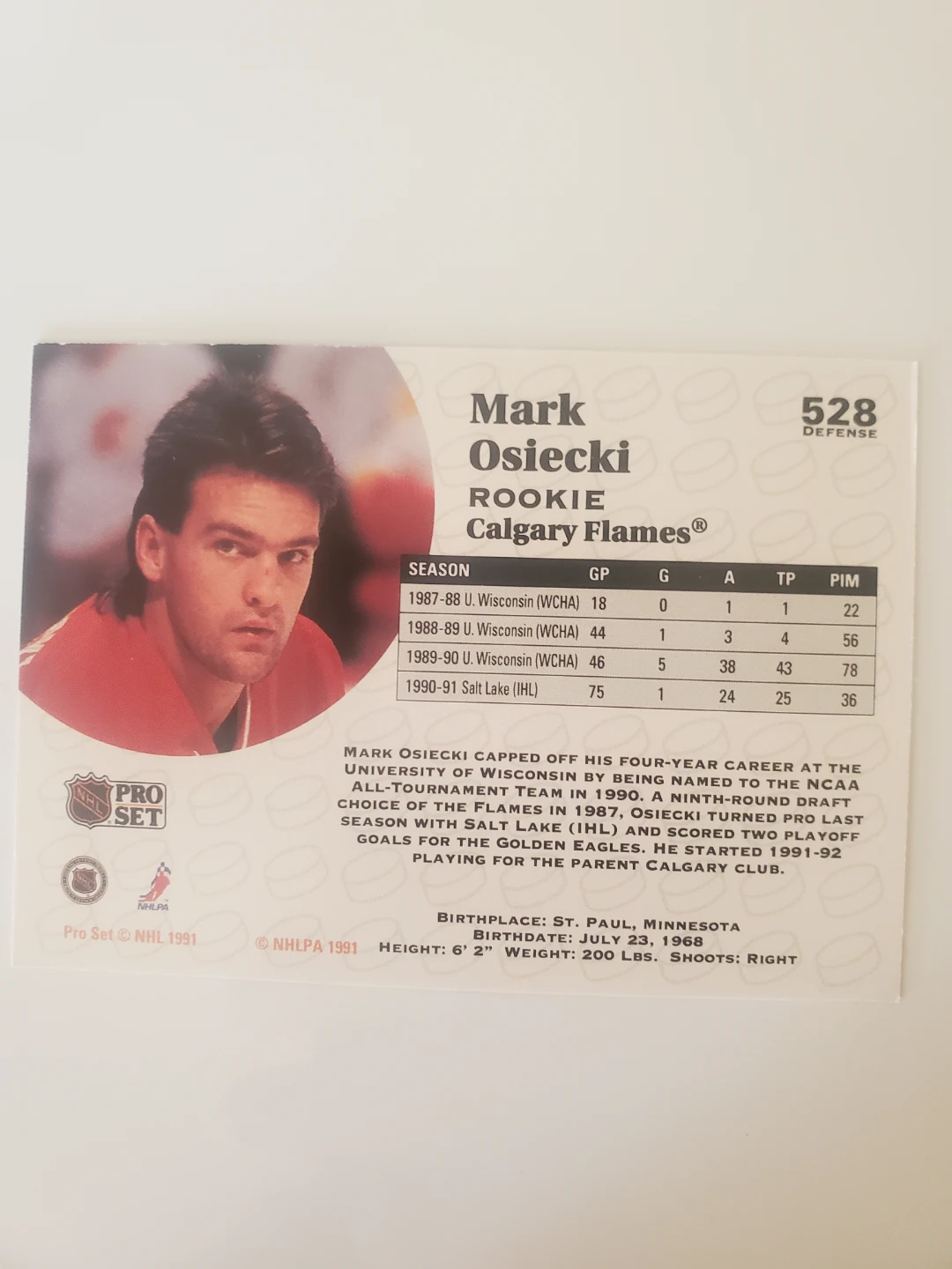 1991 Pro Set Mark Osiecki Rookie Hockey Card #528 - photo 2