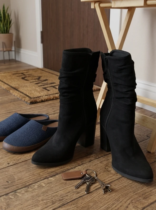 Black Ruched Suede Heeled Boots