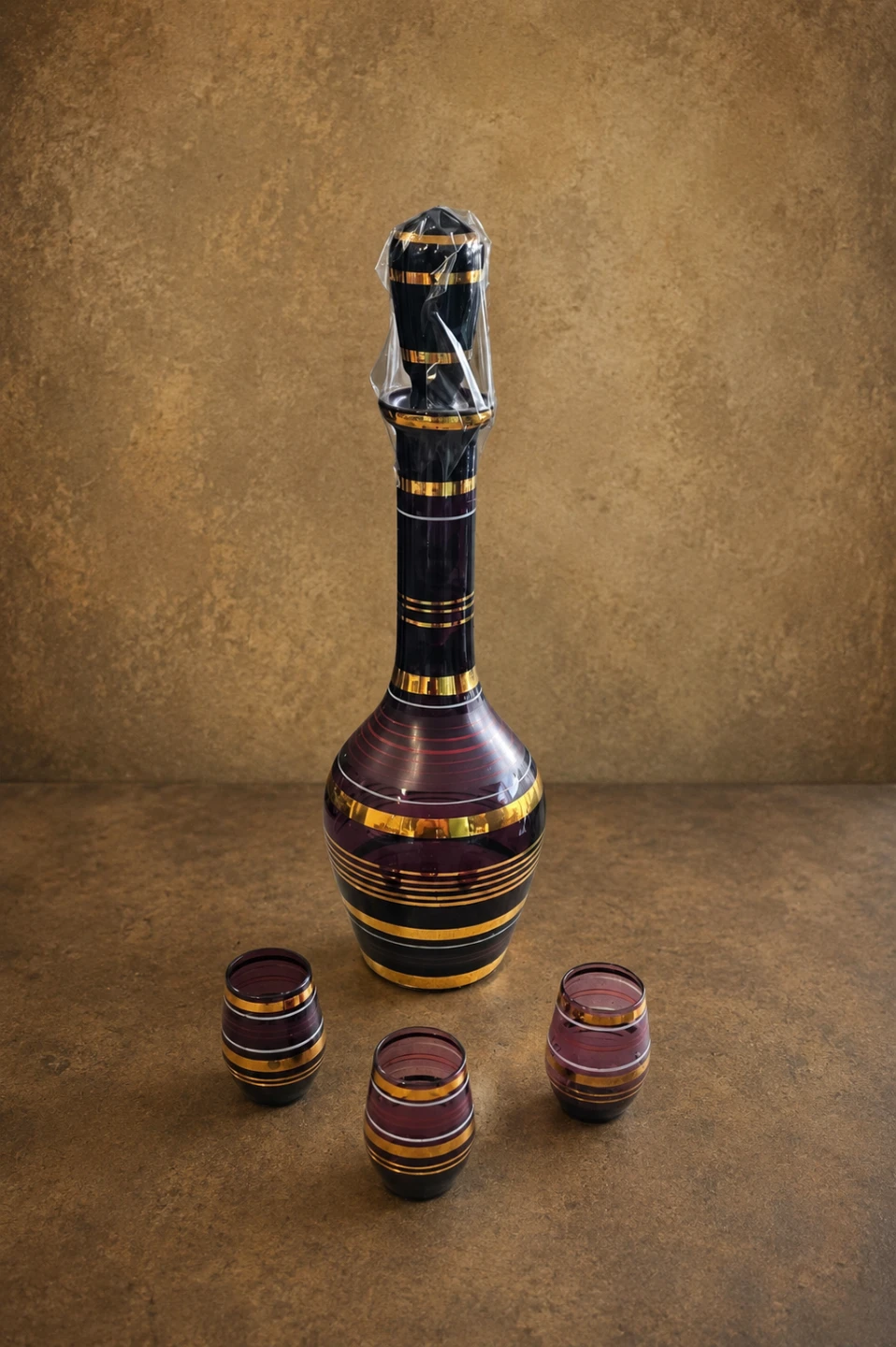 Vintage Decanter and Shot Glasses Set - Purple and Gold