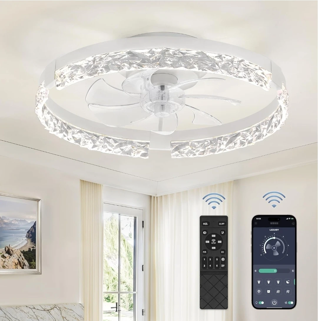LEDARY 20" White Ceiling Fan with Crystal Light