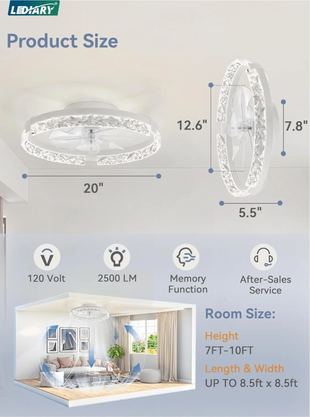LEDARY 20" White Ceiling Fan with Crystal Light - photo 3
