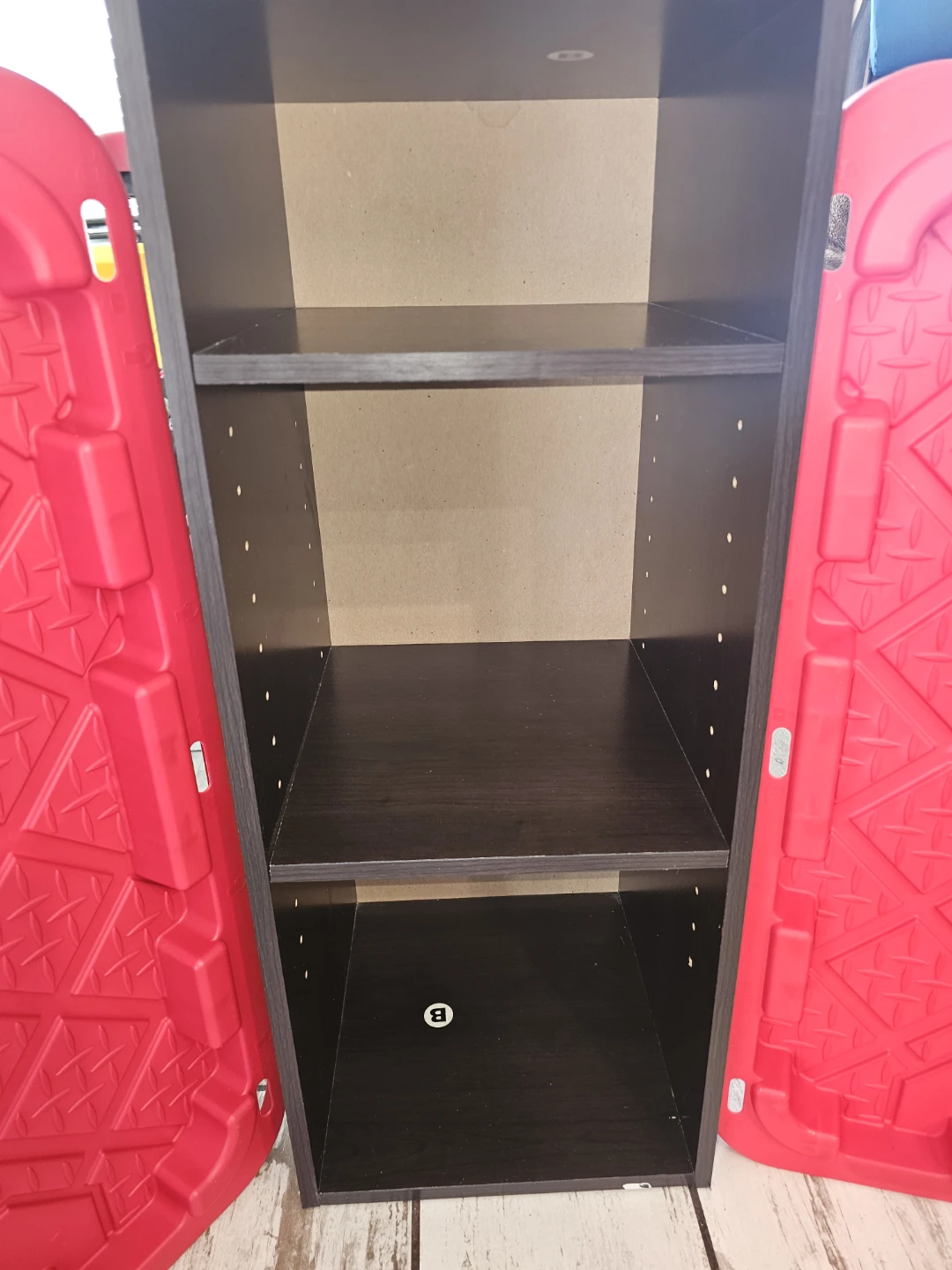 Dark Wood Storage Shelf Unit with Red Doors