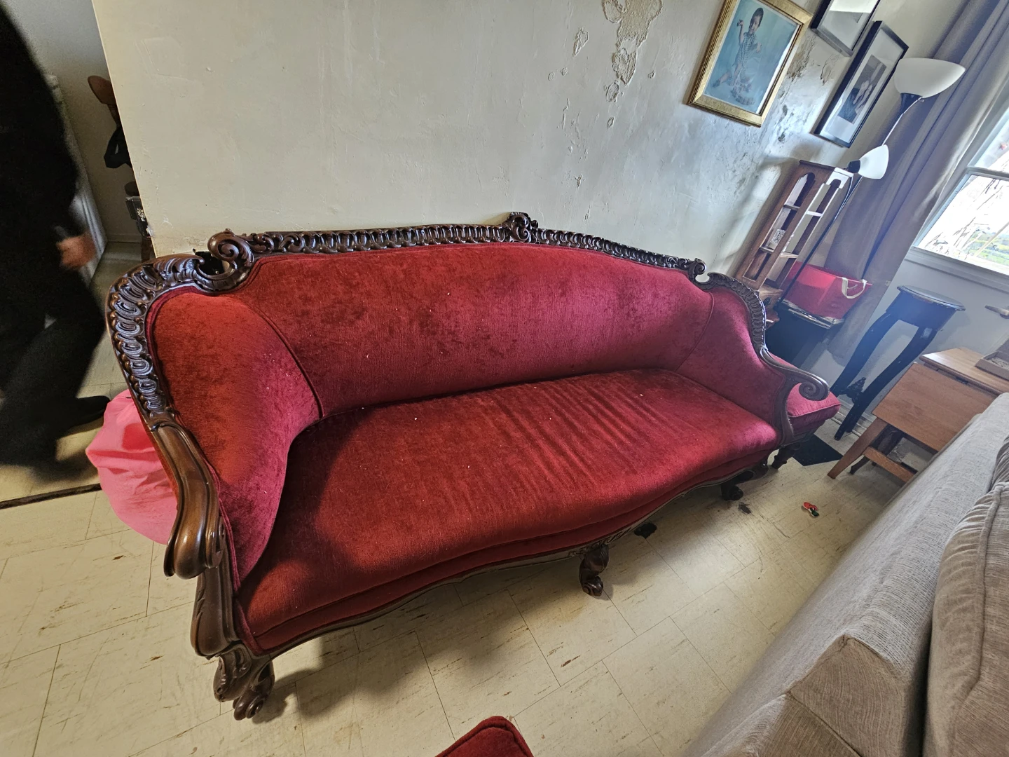 Red Velvet Antique Style Sofa with Ottoman - photo 2