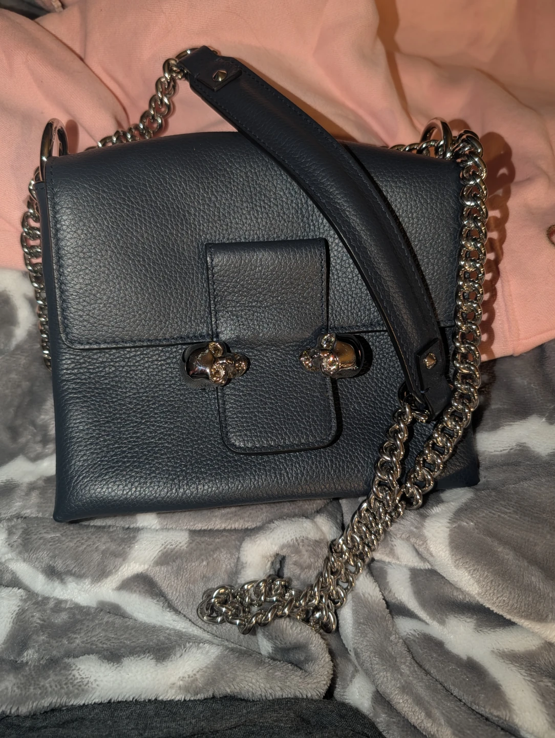 Alexander McQueen Navy Leather Skull Lock Shoulder Bag
