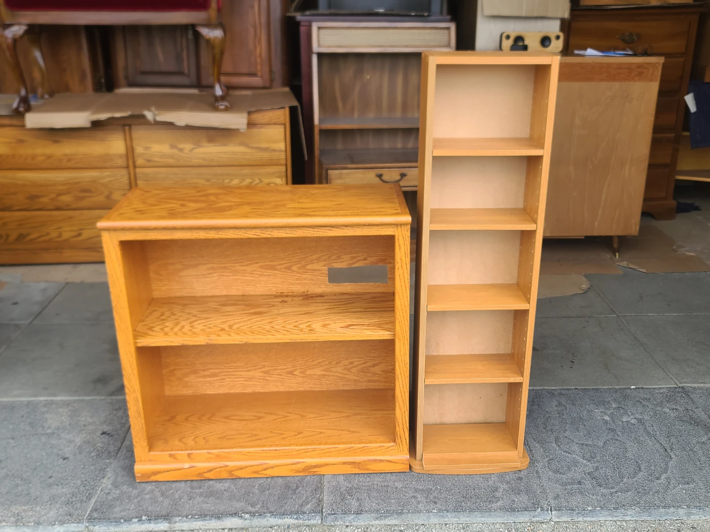 Oak Finish Bookcase and Media Storage Tower