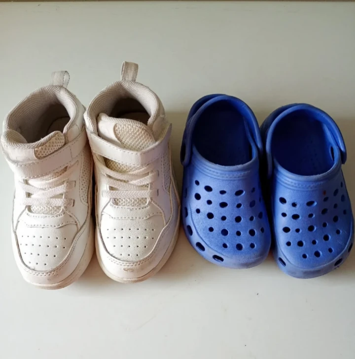White Sneakers and Blue Crocs for toddlers