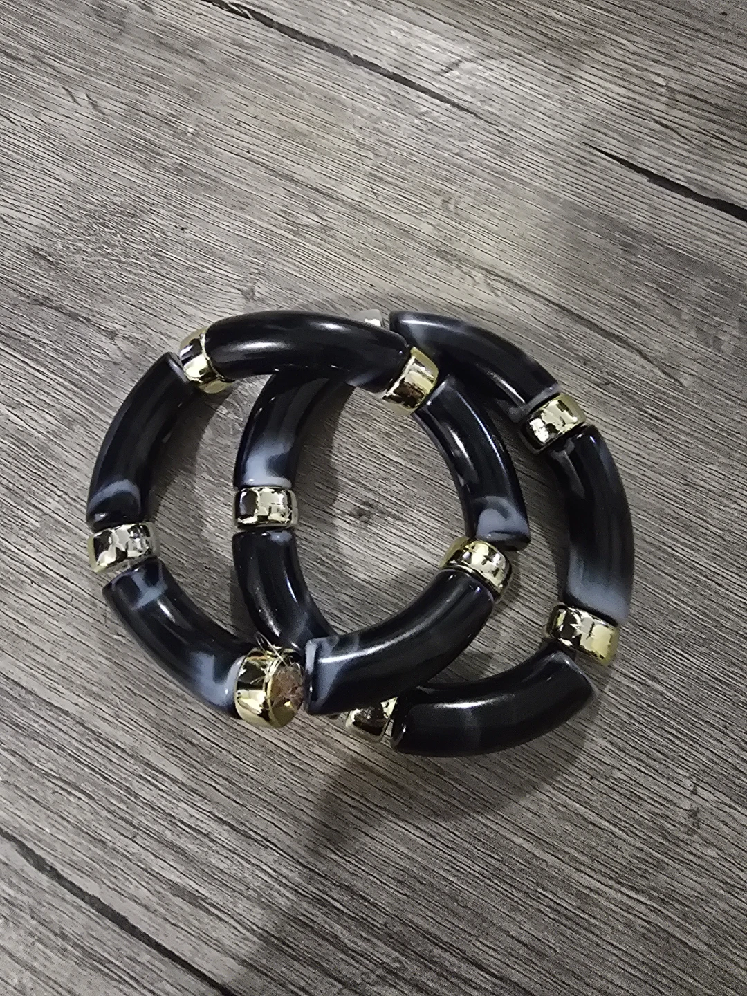 Set of 2 Black & White Marbled Tube Bracelets with Gold Accents - photo 2