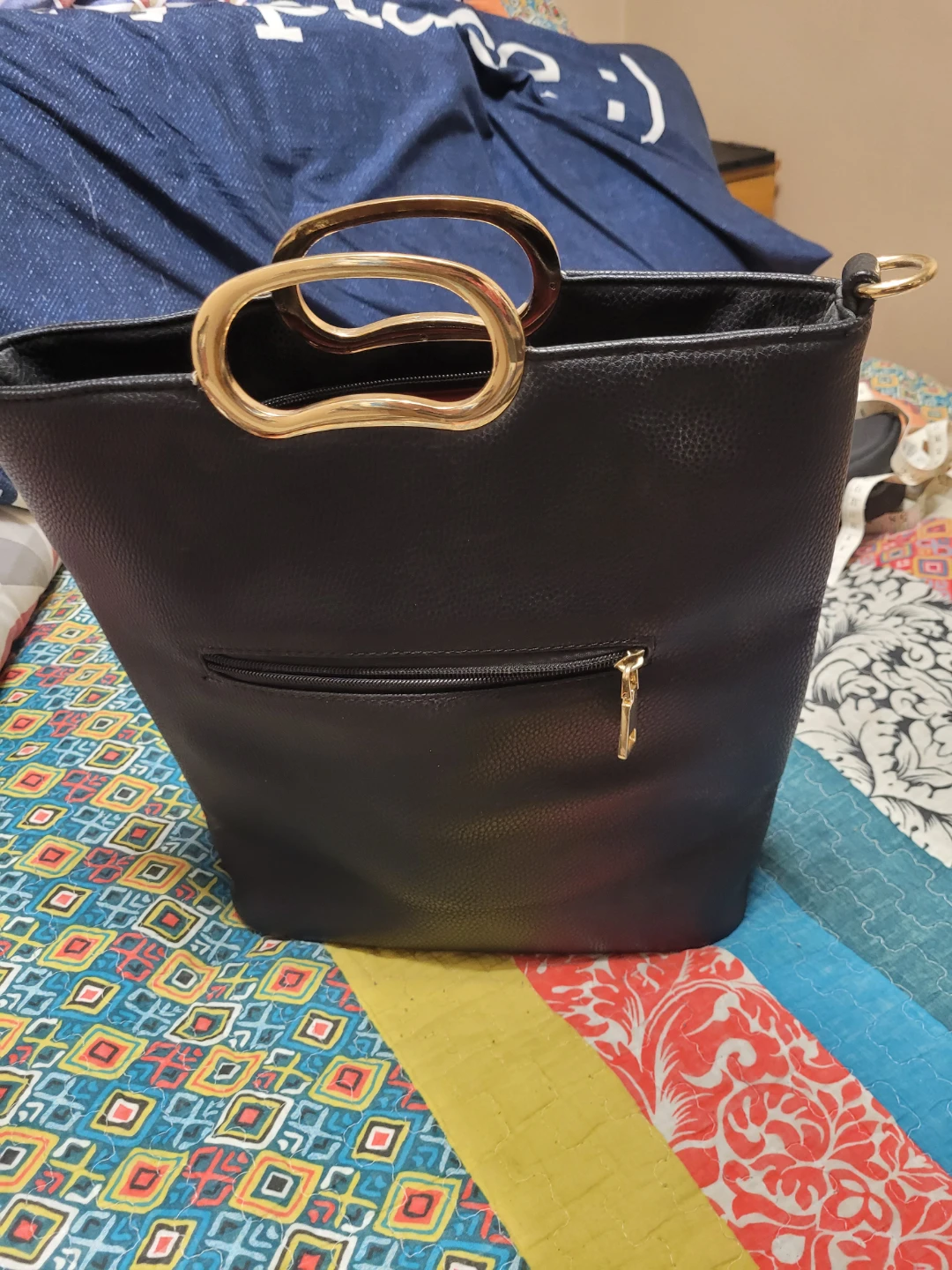 Black Faux Leather Bucket Bag with Gold Handles - photo 2