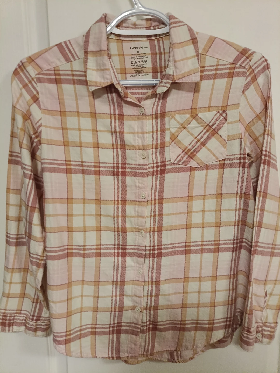 Pink and tan plaid button up