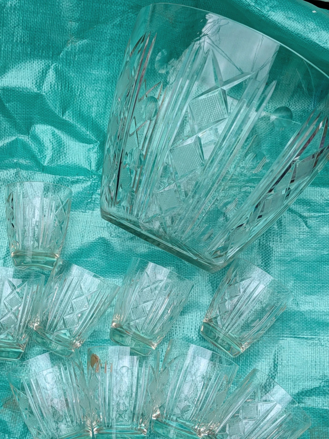 Crystal Cut Glass Punch Bowl Set with 10 Glasses