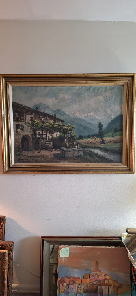 Framed Vintage Oil Painting of Alpine Farmhouse Scene - photo 2