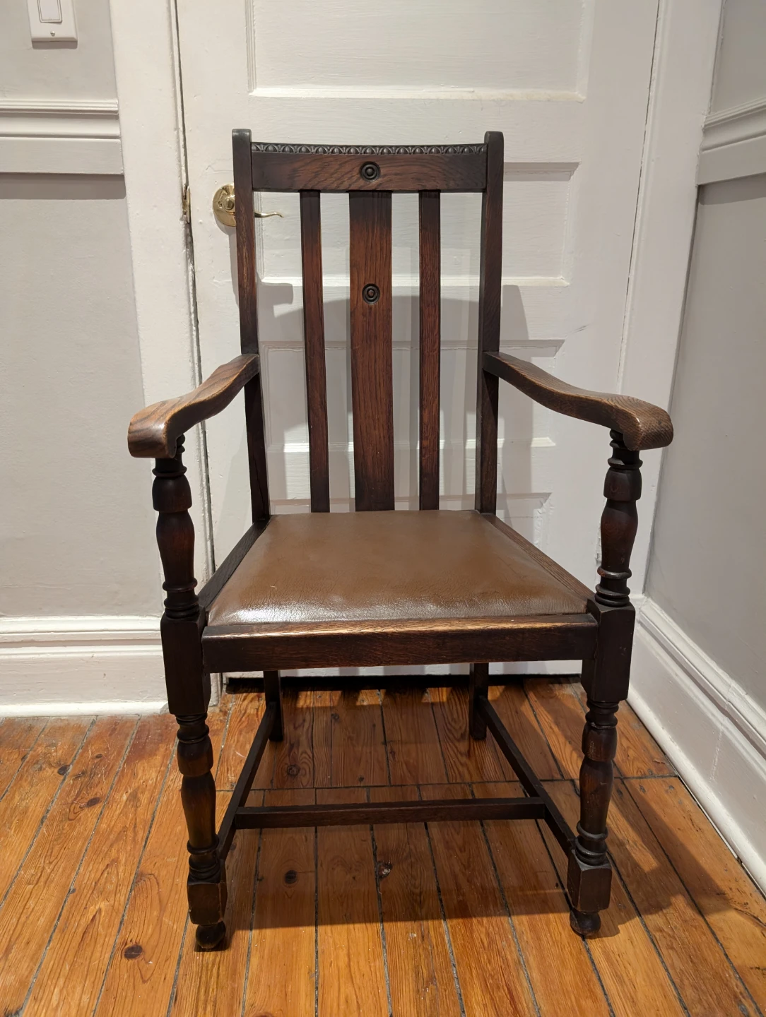 Antique Arts and Crafts Wooden Armchair with Brown Seat
