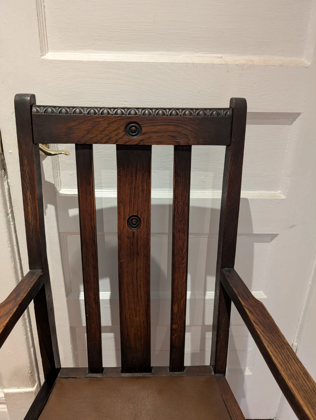 Antique Arts and Crafts Wooden Armchair with Brown Seat - photo 2