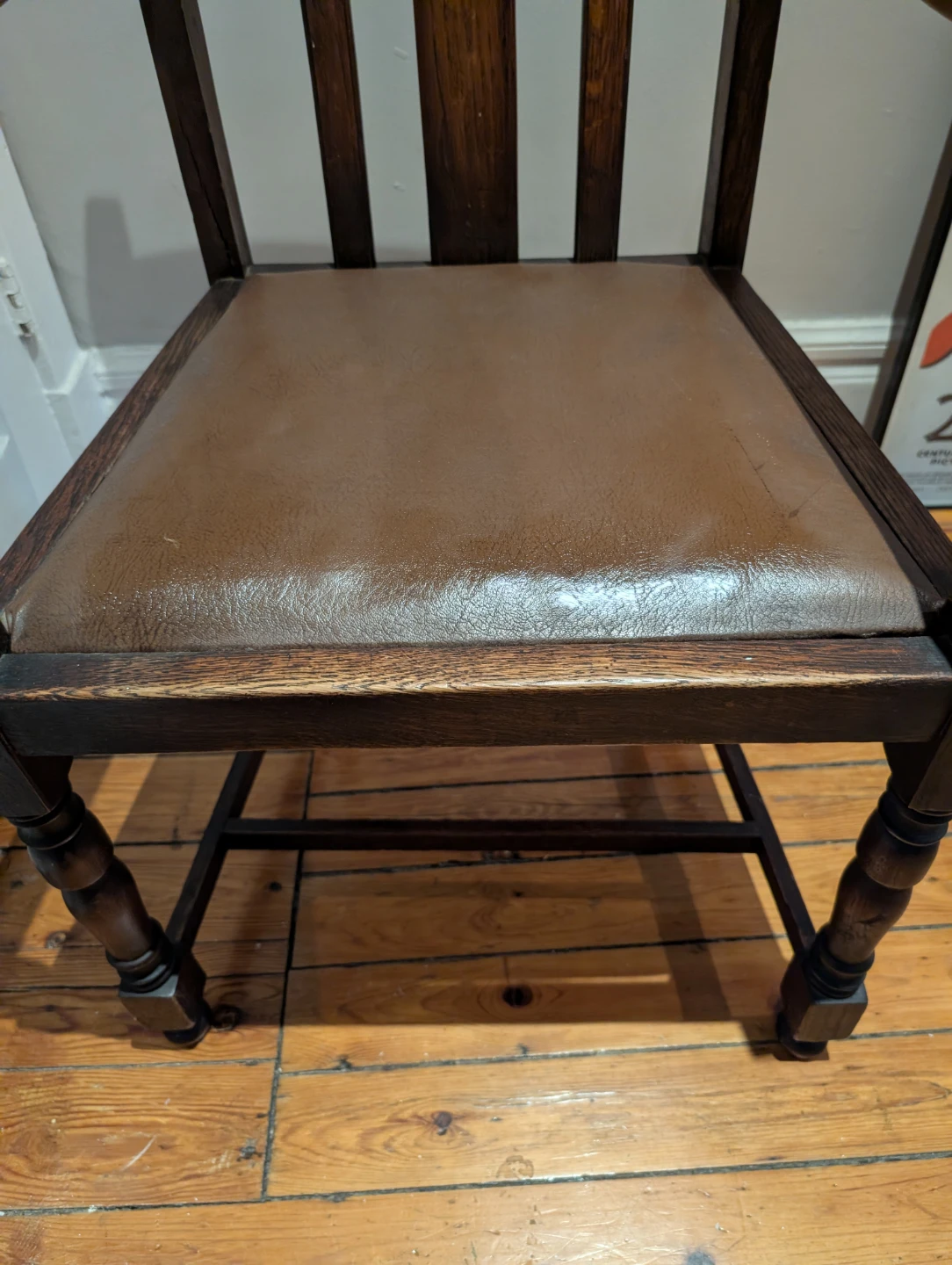Antique Arts and Crafts Wooden Armchair with Brown Seat - photo 5