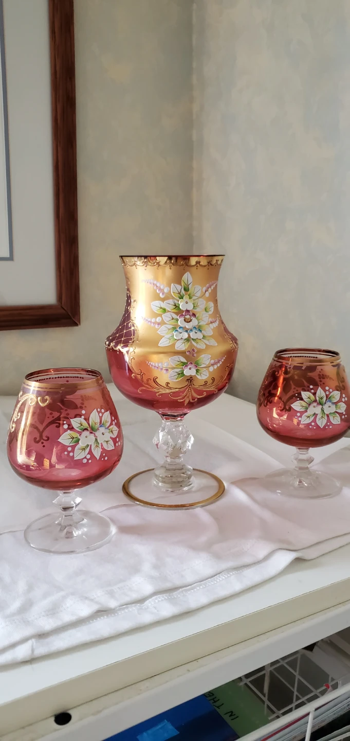 Hand-Painted Glass Vase and Goblets Set