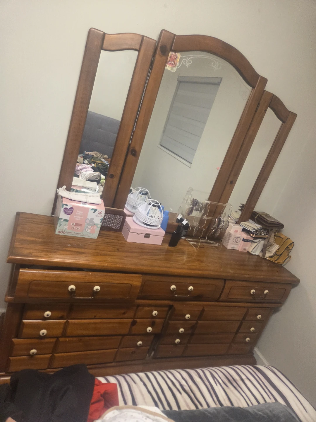 Wooden Dresser with Tri-Fold Mirror