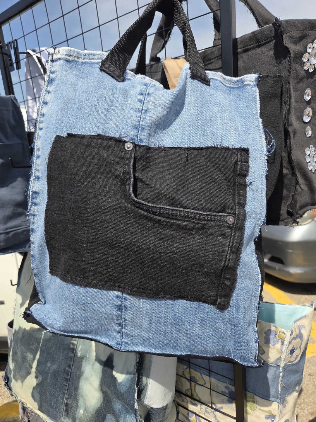 Denim Tote Bag with Black Pocket - photo 2