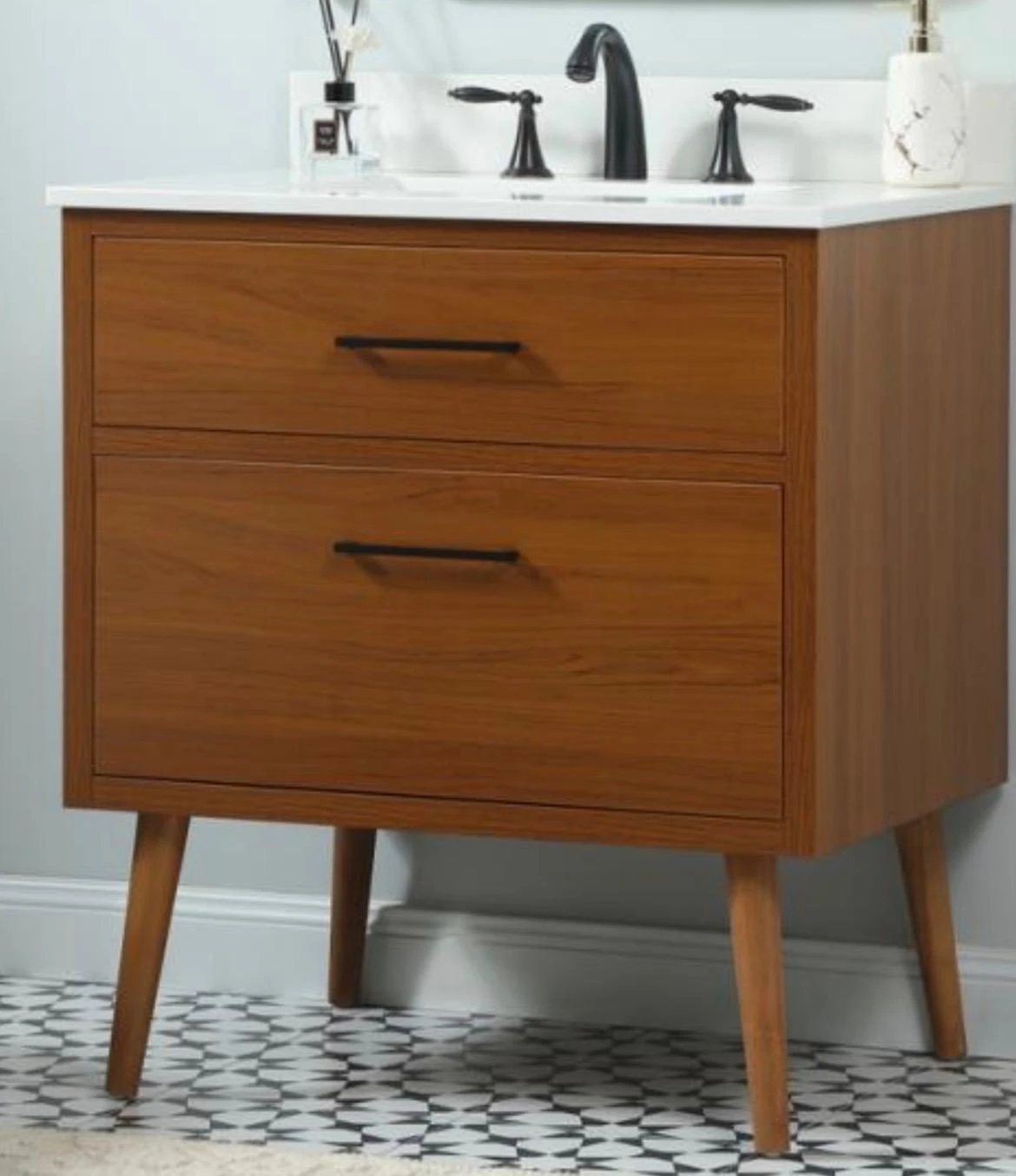 Mid-Century Modern Style 2-Drawer Bathroom Vanity with Faucet