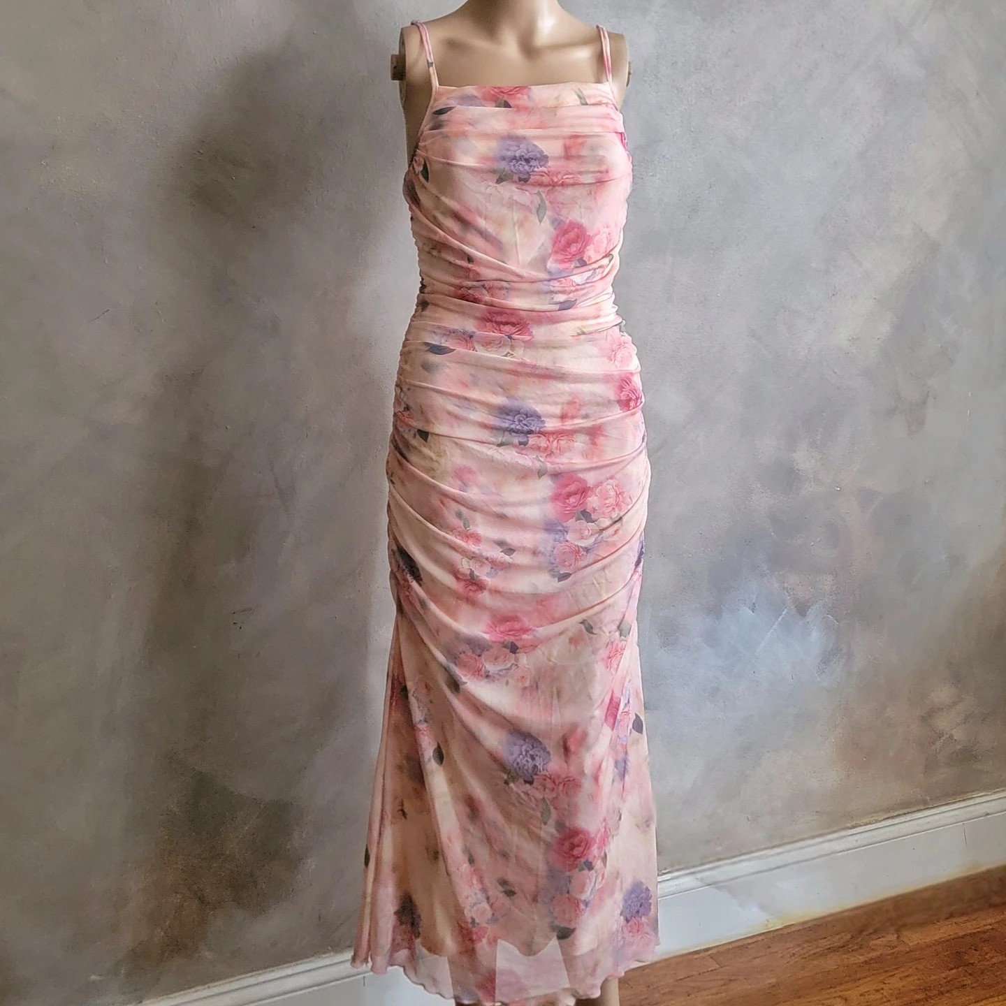 Pink Floral Ruched Mesh Maxi Dress