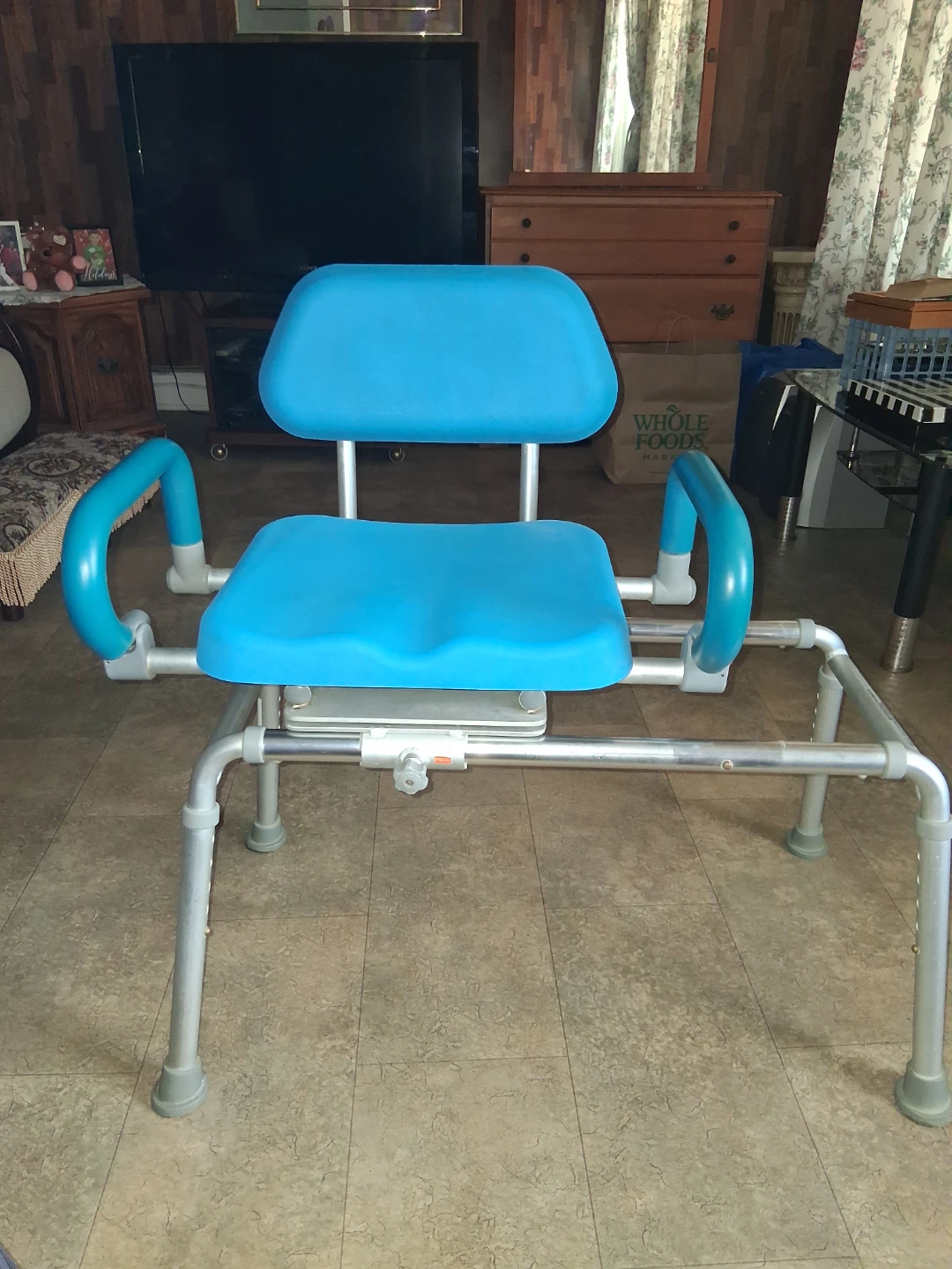 Blue Swivel Shower Chair with Backrest and Arms - photo 5