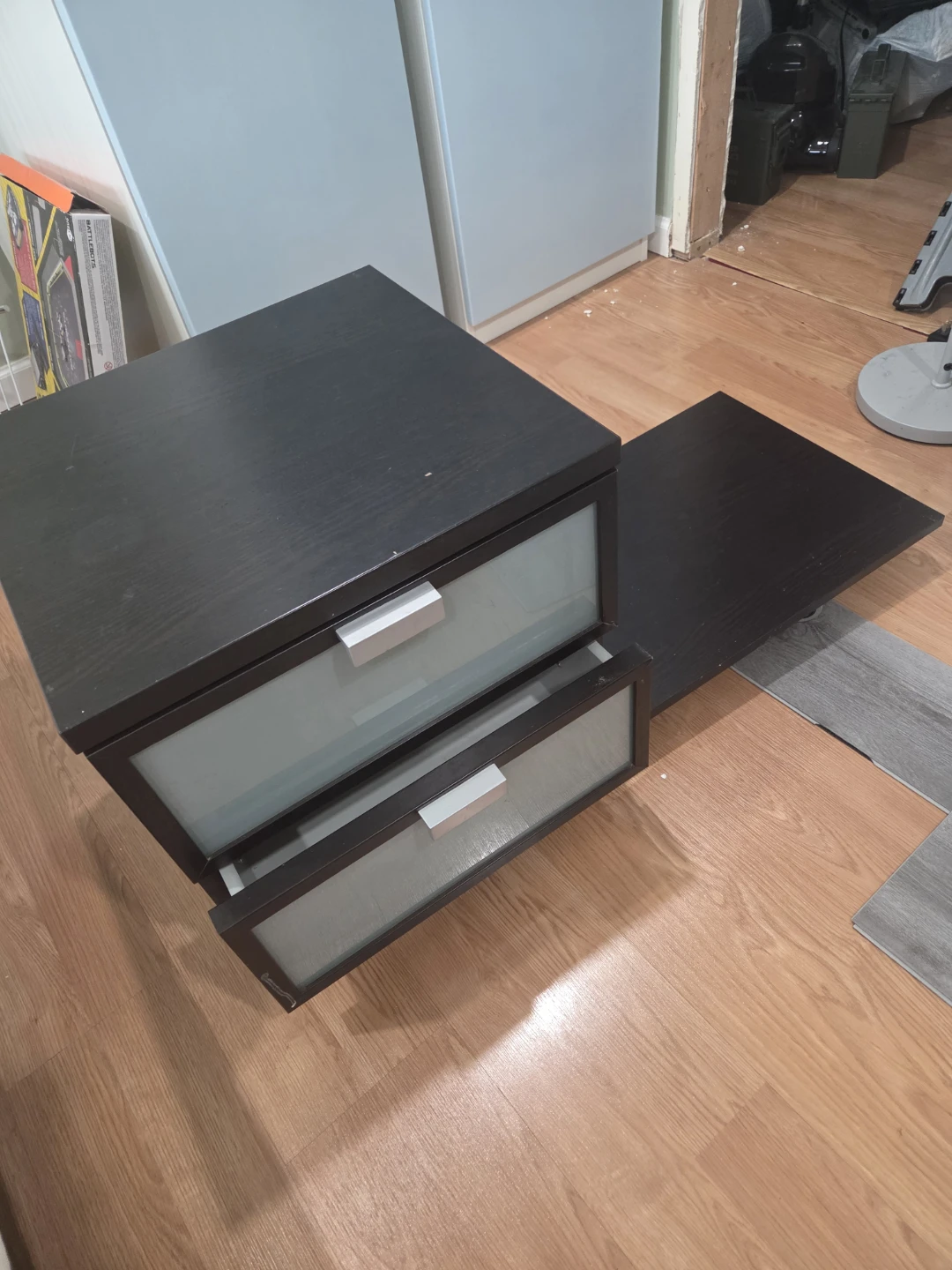 Dark Wood Nightstand with 2 Frosted Glass Drawers