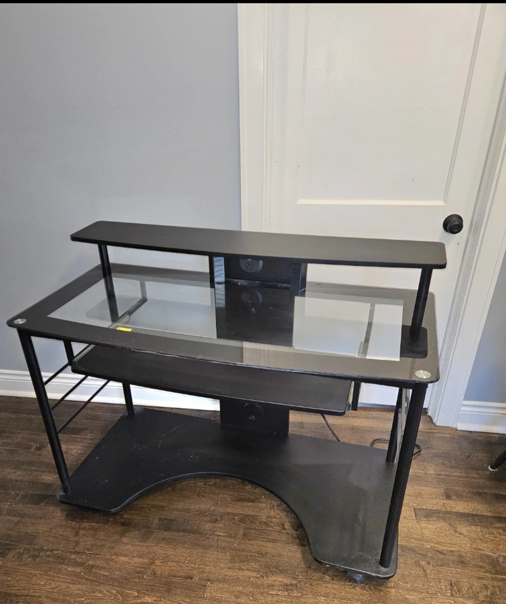 Black Mesh Office Chair and Glass Top Desk