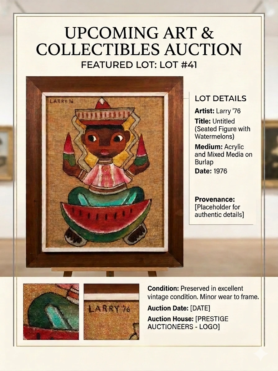 Vibrant Mid-Century Mexican Folk Art Painting on Burlap