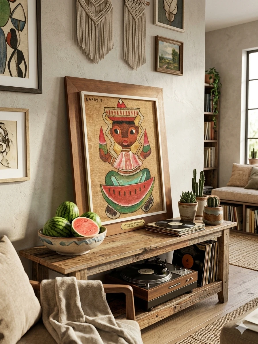 Vibrant Mid-Century Mexican Folk Art Painting on Burlap - photo 2