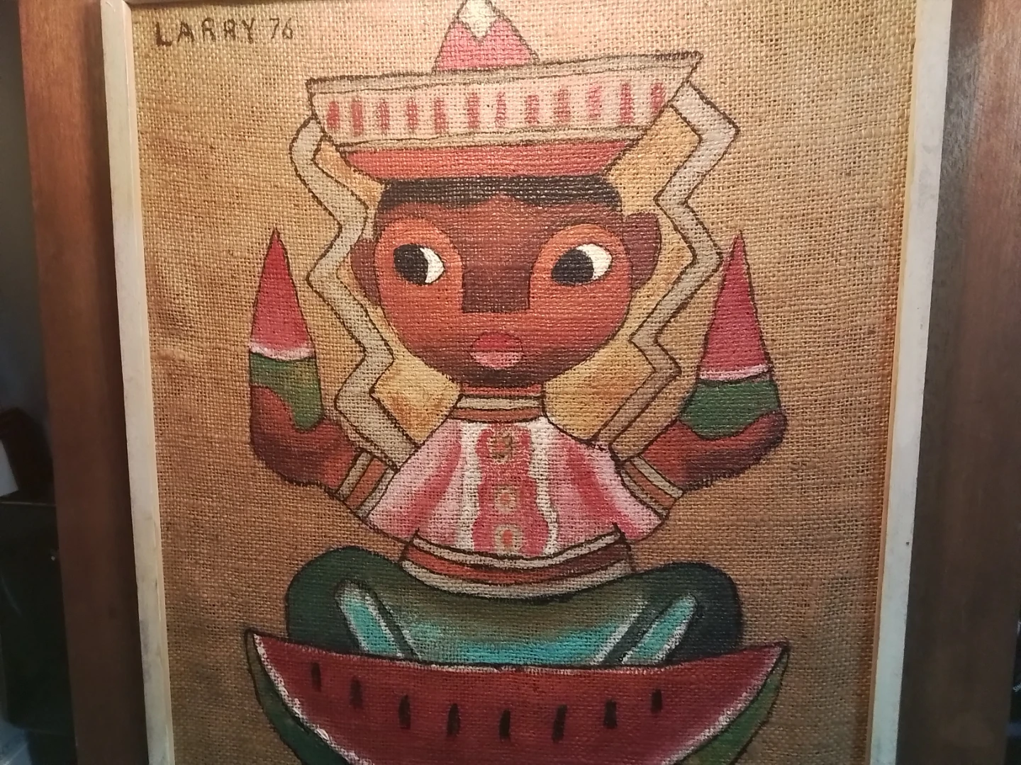 Vibrant Mid-Century Mexican Folk Art Painting on Burlap - photo 3