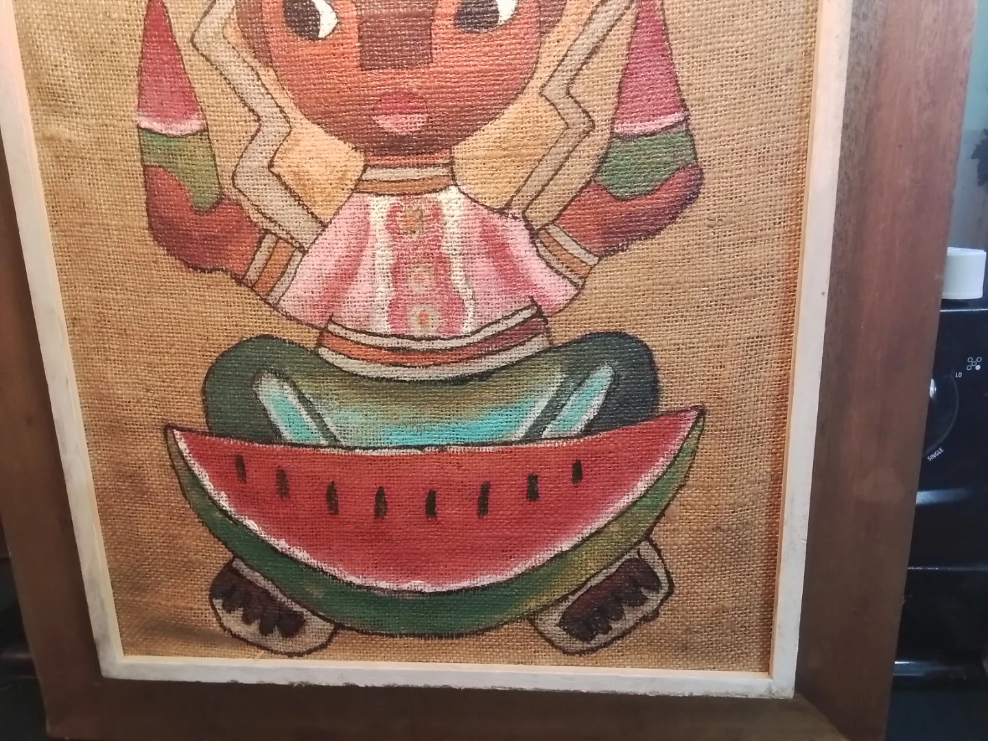 Vibrant Mid-Century Mexican Folk Art Painting on Burlap - photo 4