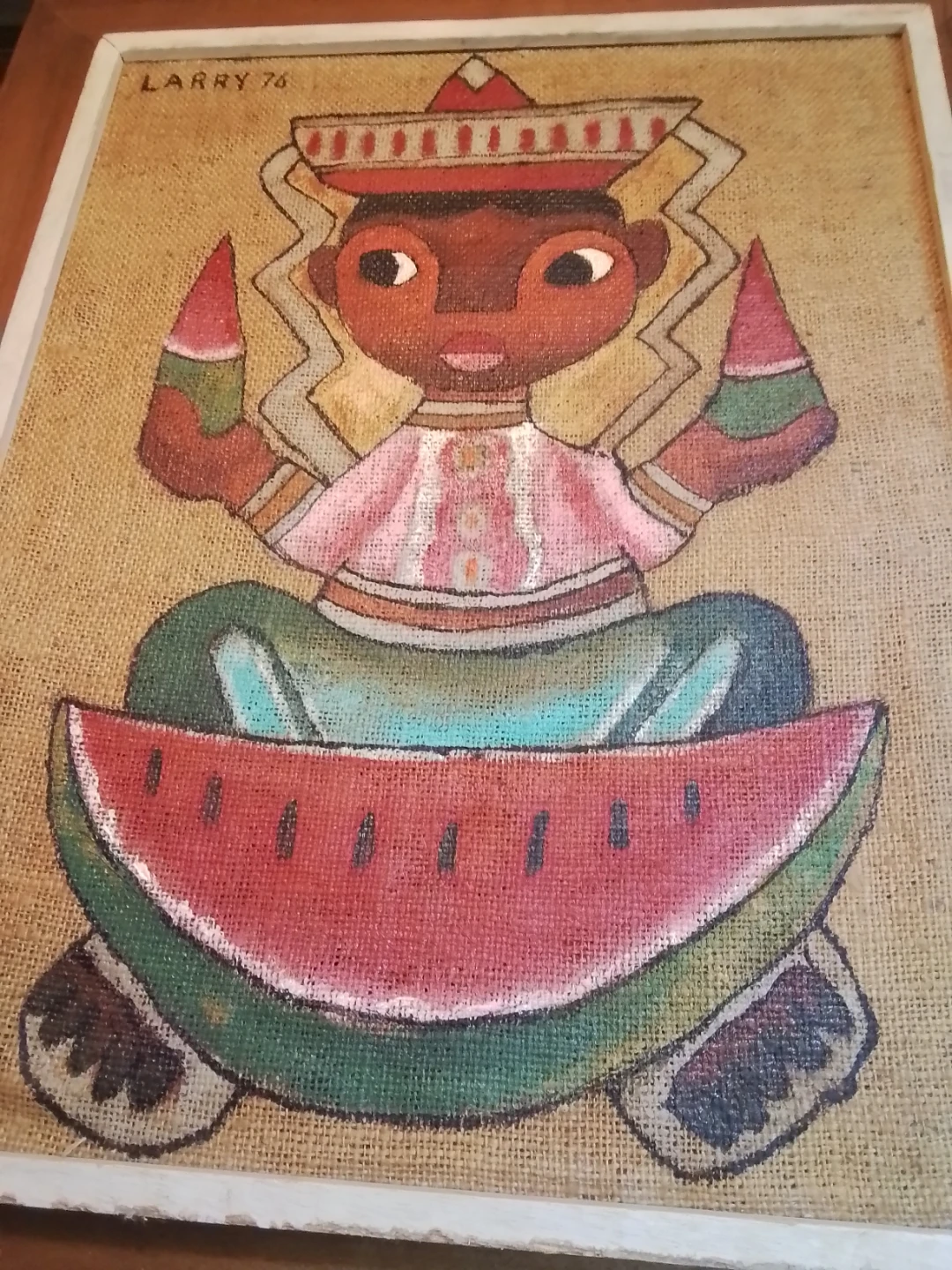 Vibrant Mid-Century Mexican Folk Art Painting on Burlap - photo 5