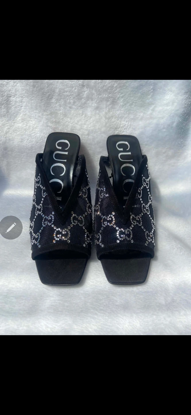 (Women) Gucci GG Crystal Heeled Sandal Black Mesh