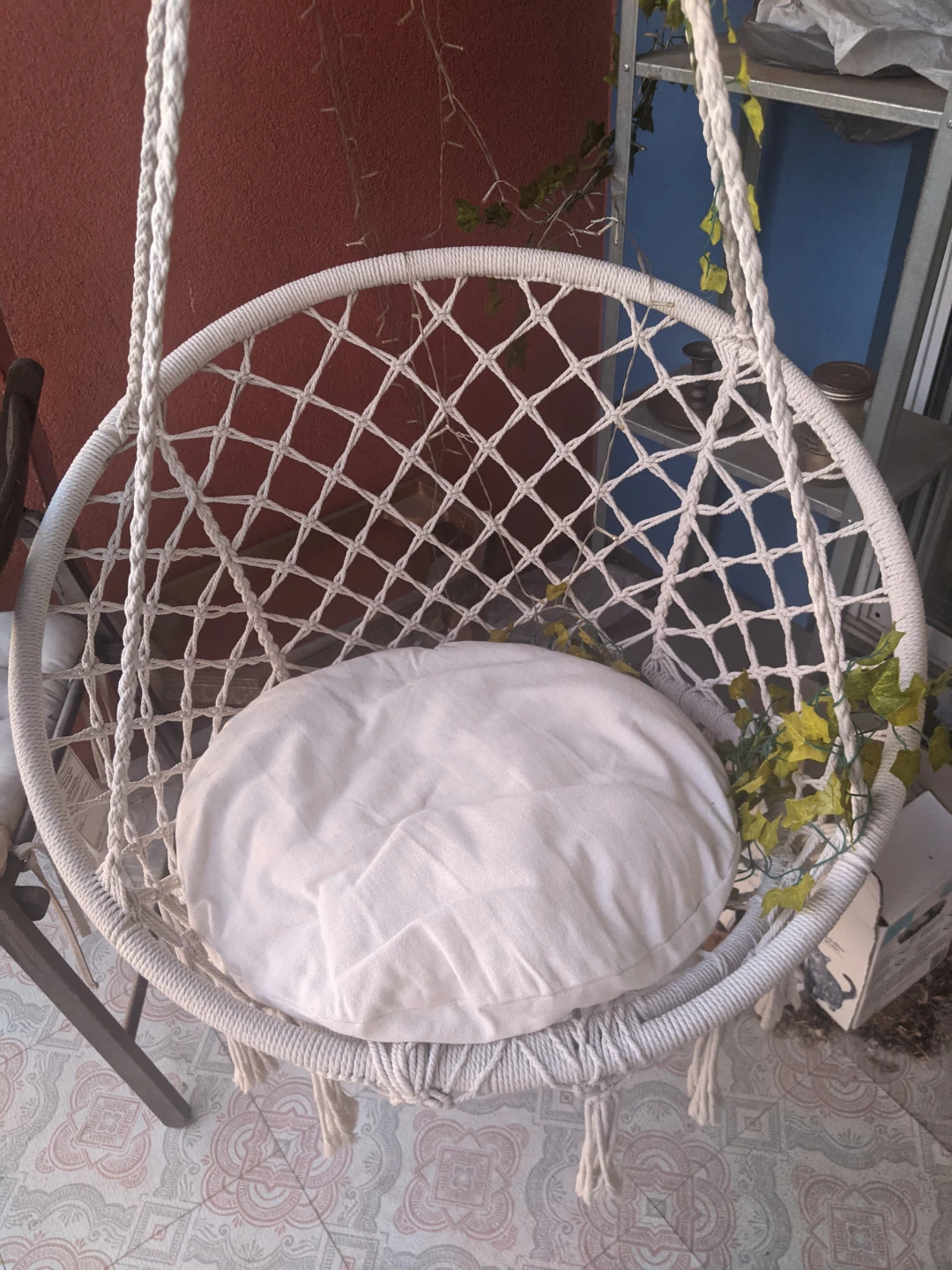 White Macrame Hanging Chair with Cushion