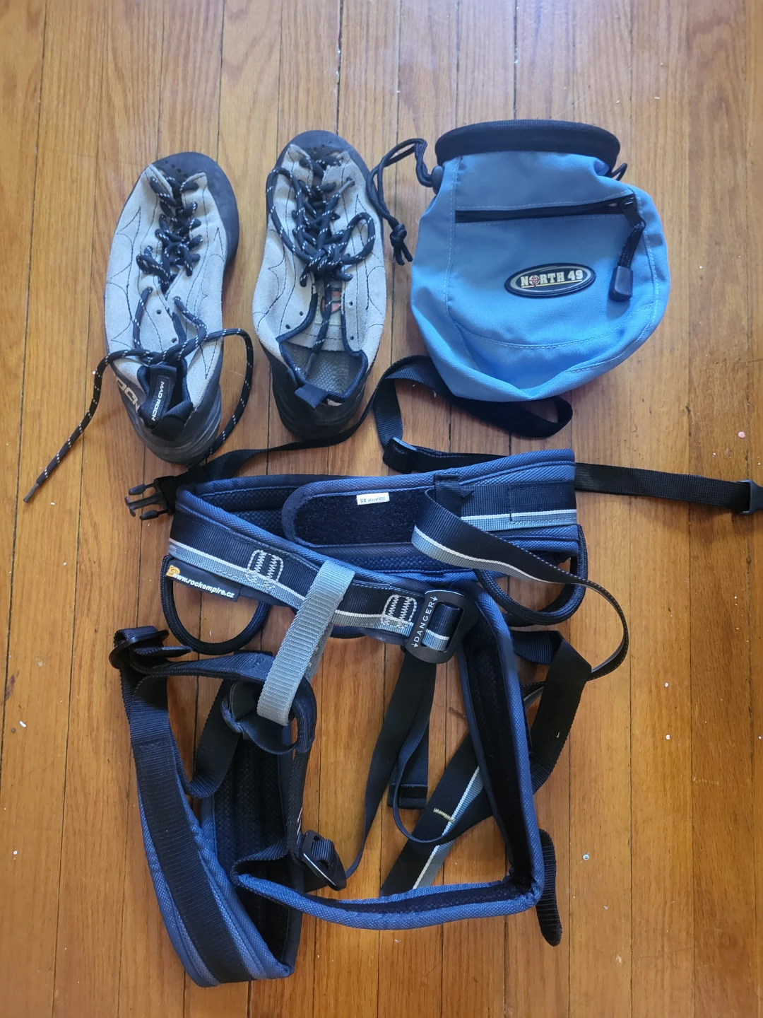 Climbing Gear Set: Shoes, Harness, and Chalk Bag