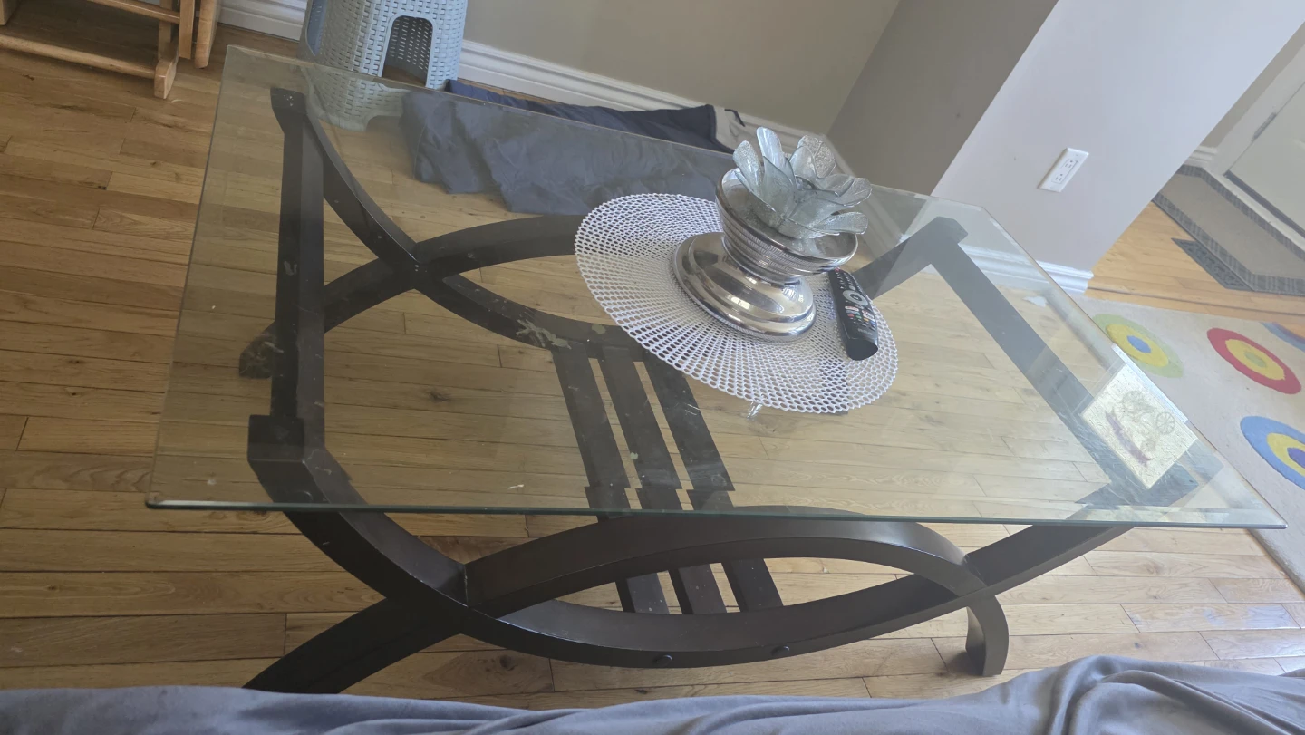 Glass Top Coffee Table with Dark Wood Base