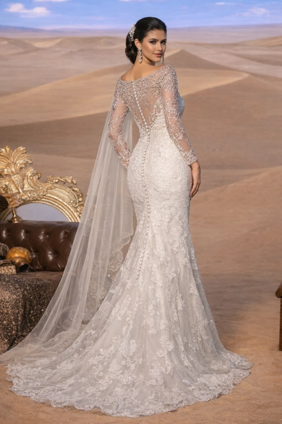 White Lace Wedding Dress with Beaded Embellishments - photo 4