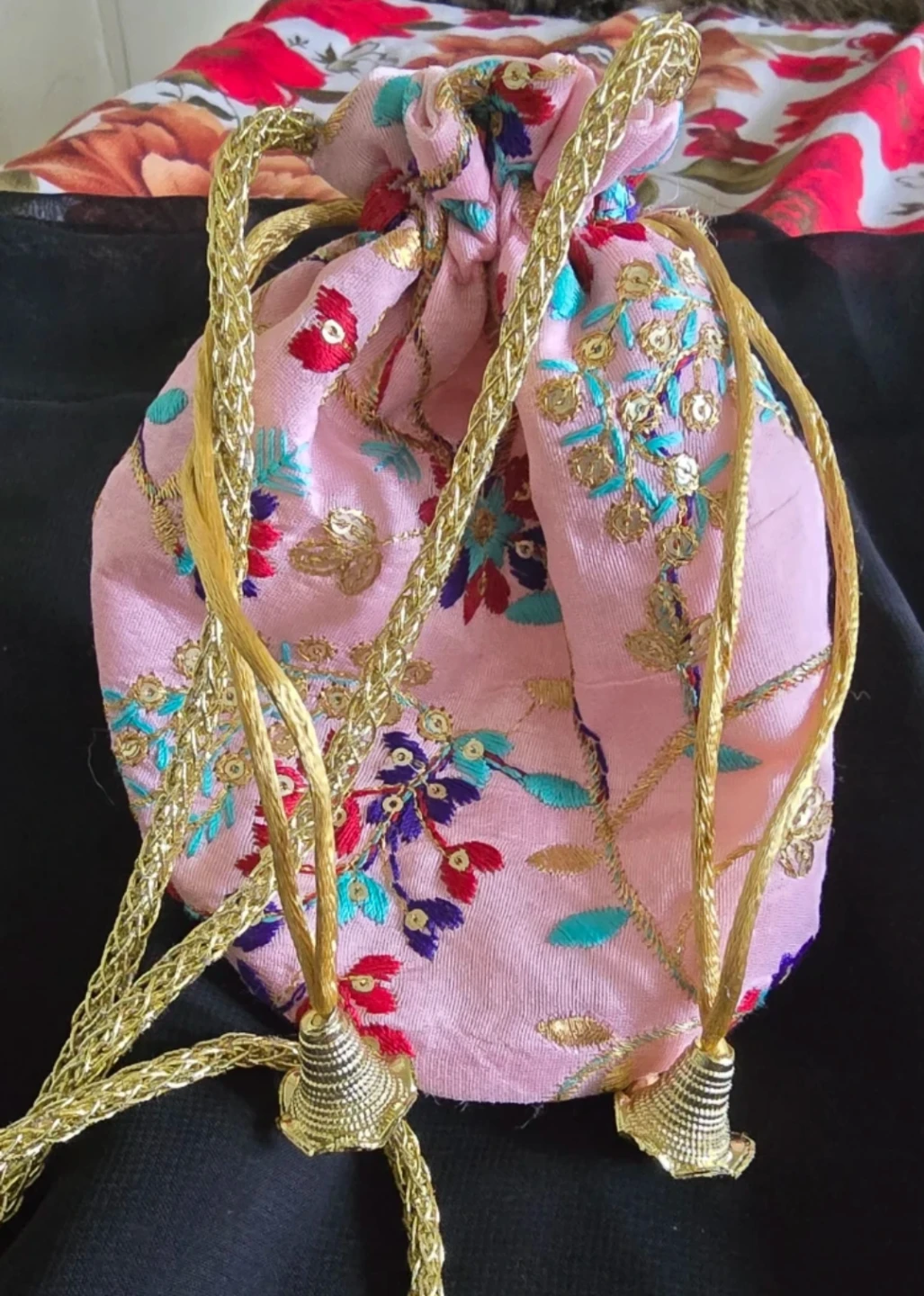 Pink Embroidered Drawstring Pouch Bag - photo 3