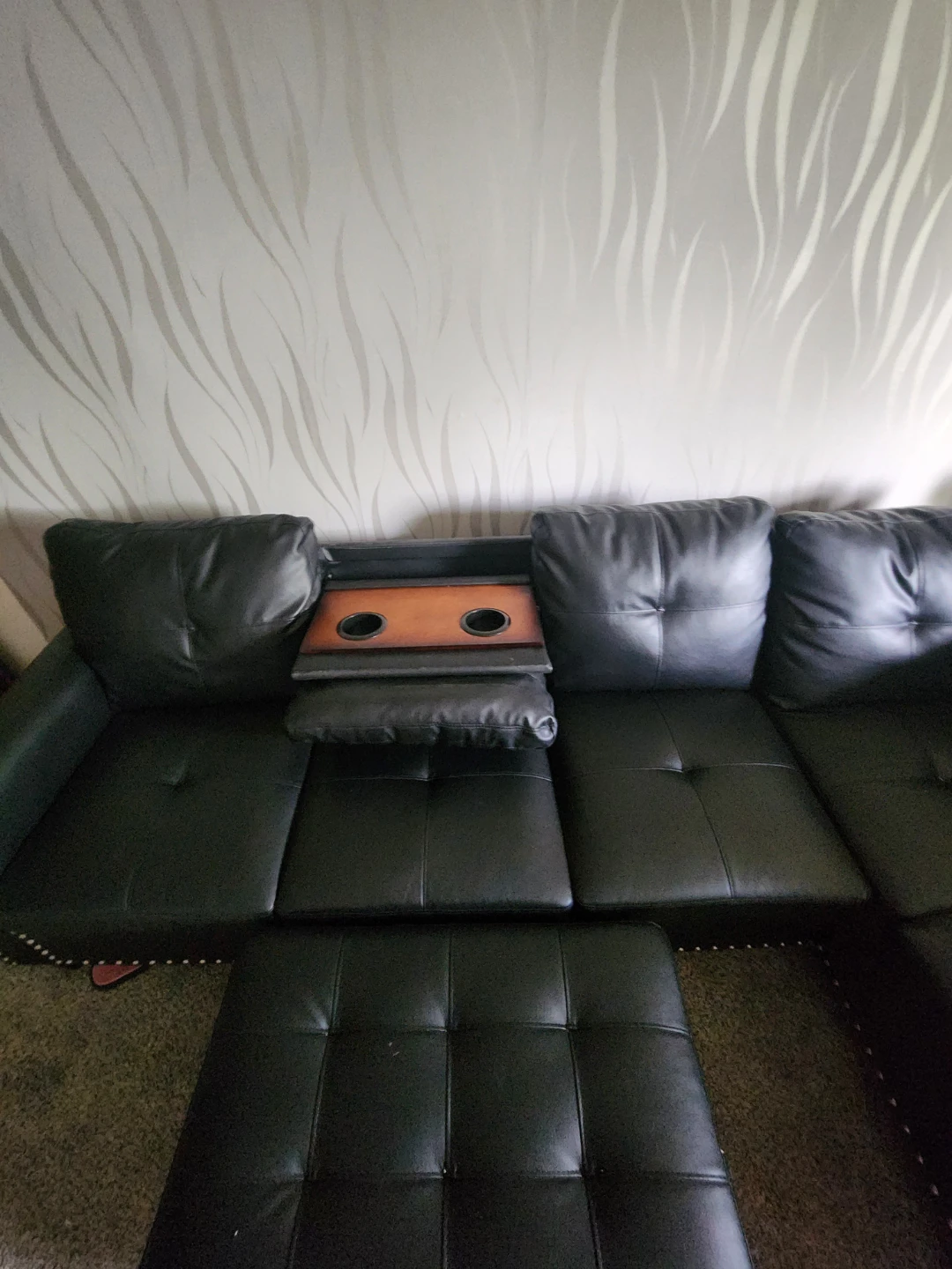 Black Faux Leather Sectional Sofa with Ottoman